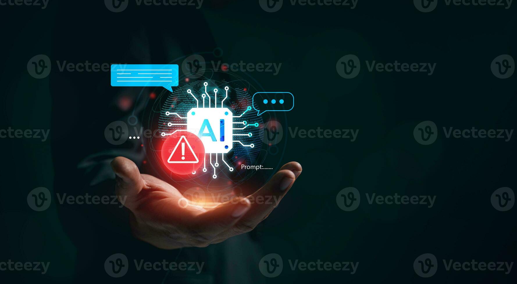 Business man holding digital chatbot Artificial Intelligence AI with hacking and warning alert. cyber attack network, spyware or Malicious software. Technology cyber security and cybercrime. photo
