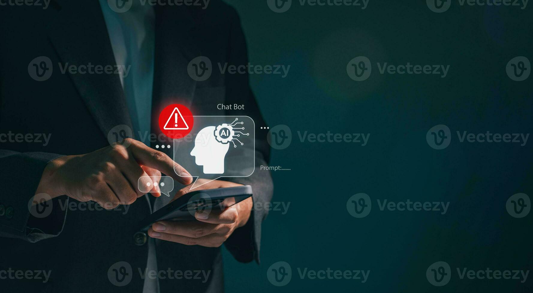 Business man using digital chatbot Artificial Intelligence AI with hacking and warning alert. cyber attack network, spyware or Malicious software. Technology cyber security and cybercrime. photo