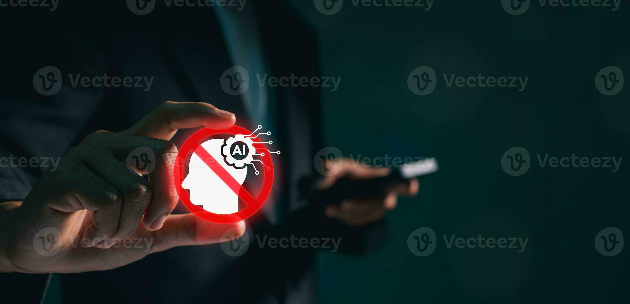 Business man using digital chatbot Artificial Intelligence AI with hacking and stop alert. cyber attack network, spyware or Malicious software. Technology cyber security and cybercrime. photo