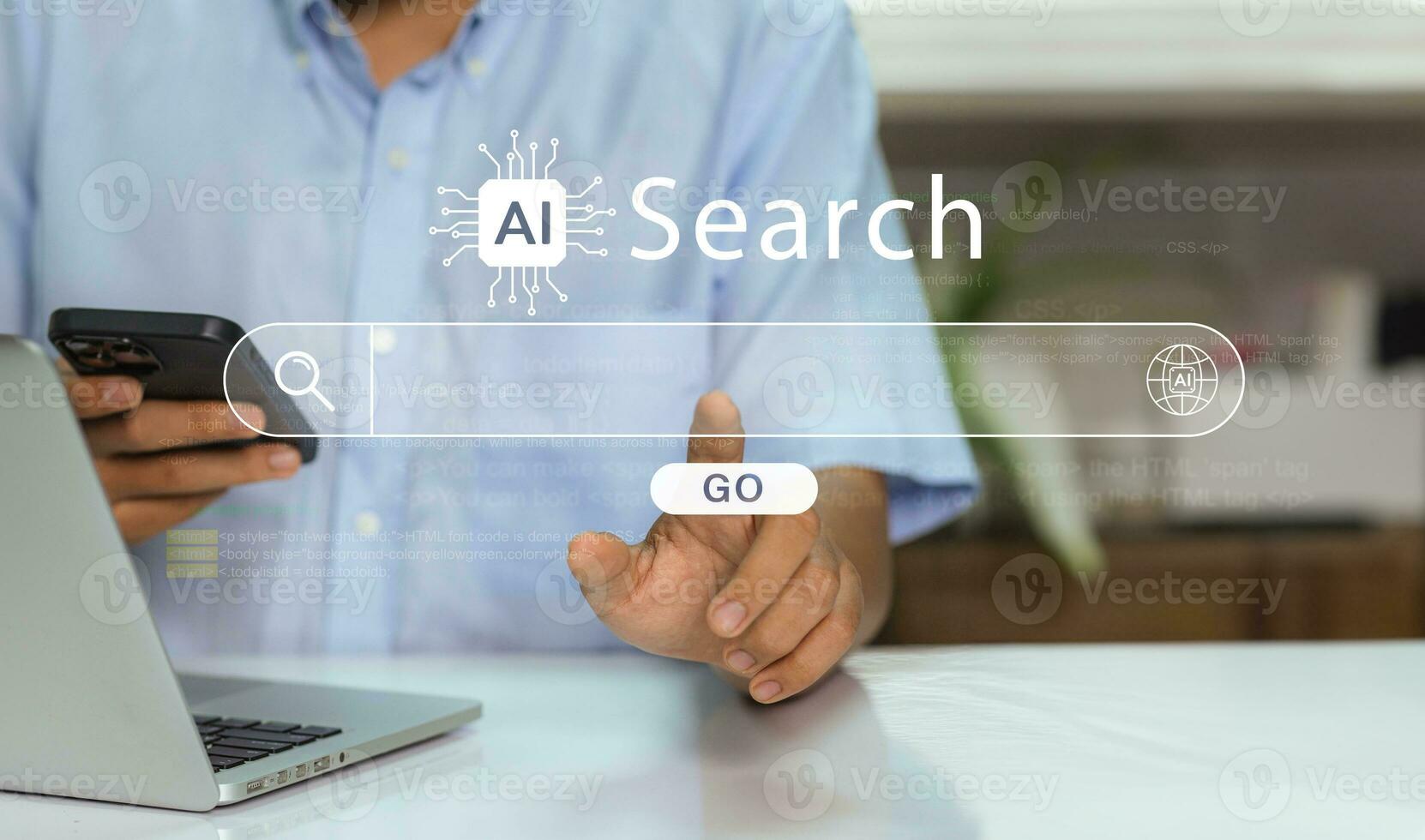 Business man searching online Big Data digital application Artificial Intelligence to help work on the futuristic business and coding software development on interfaces and network connections. photo