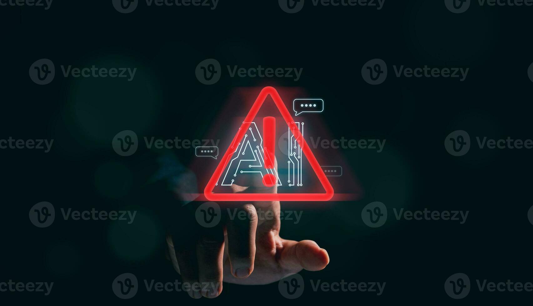 Business man holding digital chatbot Artificial Intelligence AI with hacking and warning alert. cyber attack network, spyware or Malicious software. Technology cyber security and cybercrime. photo