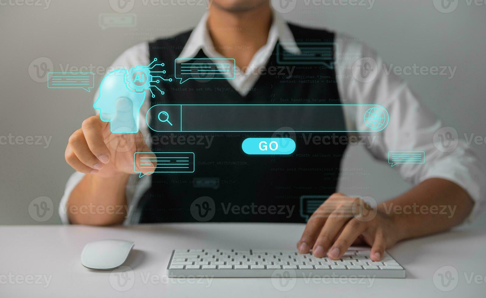 Business man searching online Big Data digital application Artificial Intelligence to help work on the futuristic business and coding software development on interfaces and network connections. photo