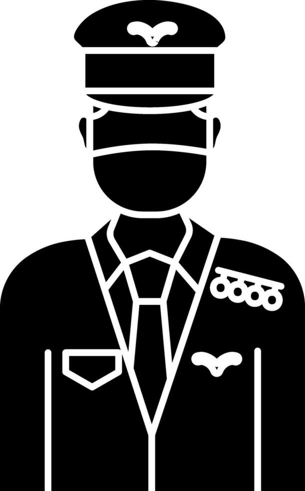 piloto hombre vestir máscara icono en negro y blanco color. vector