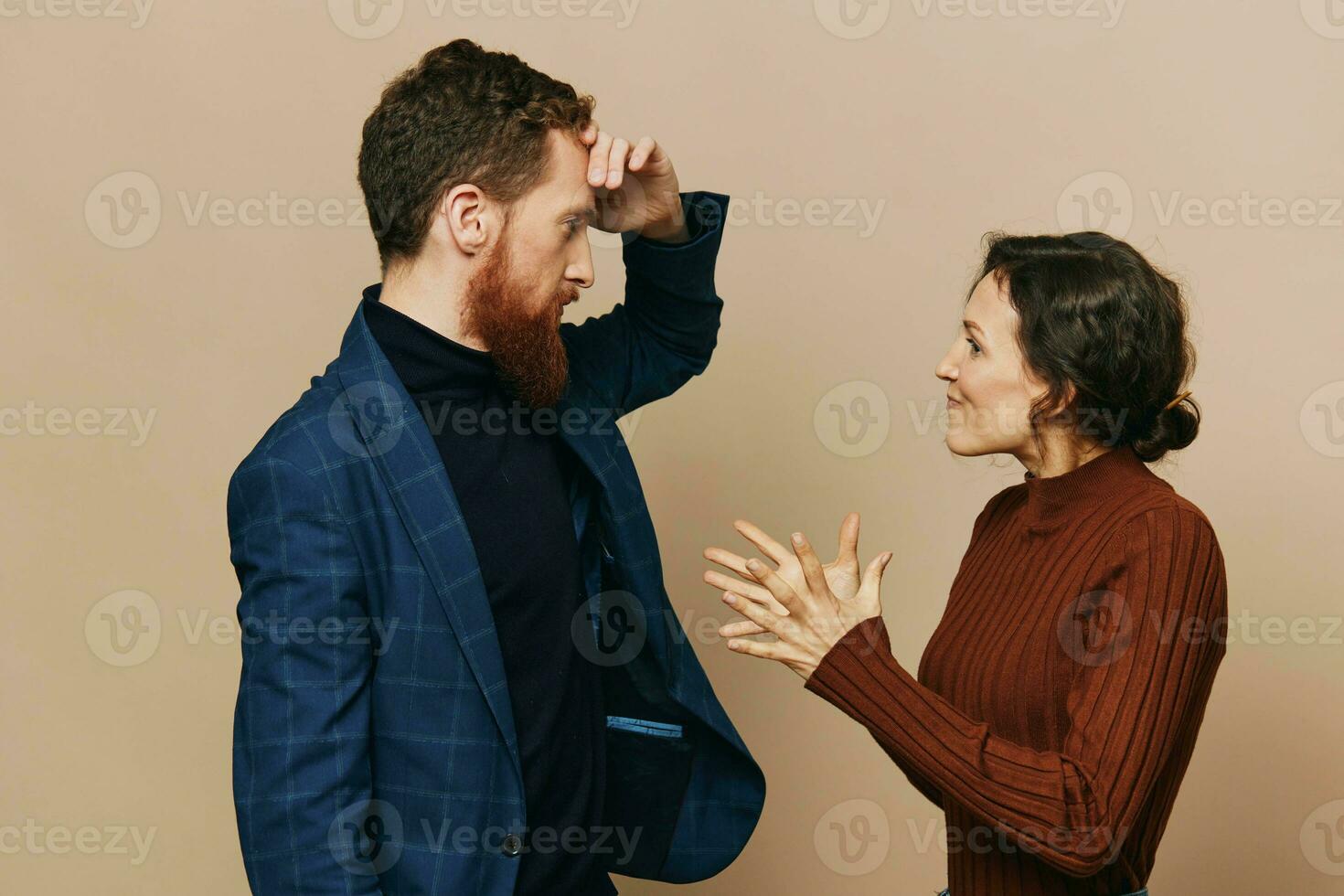 Man and woman couple in a relationship quarrel, yelling, psychological violence in the family, problems in a real relationship between people photo