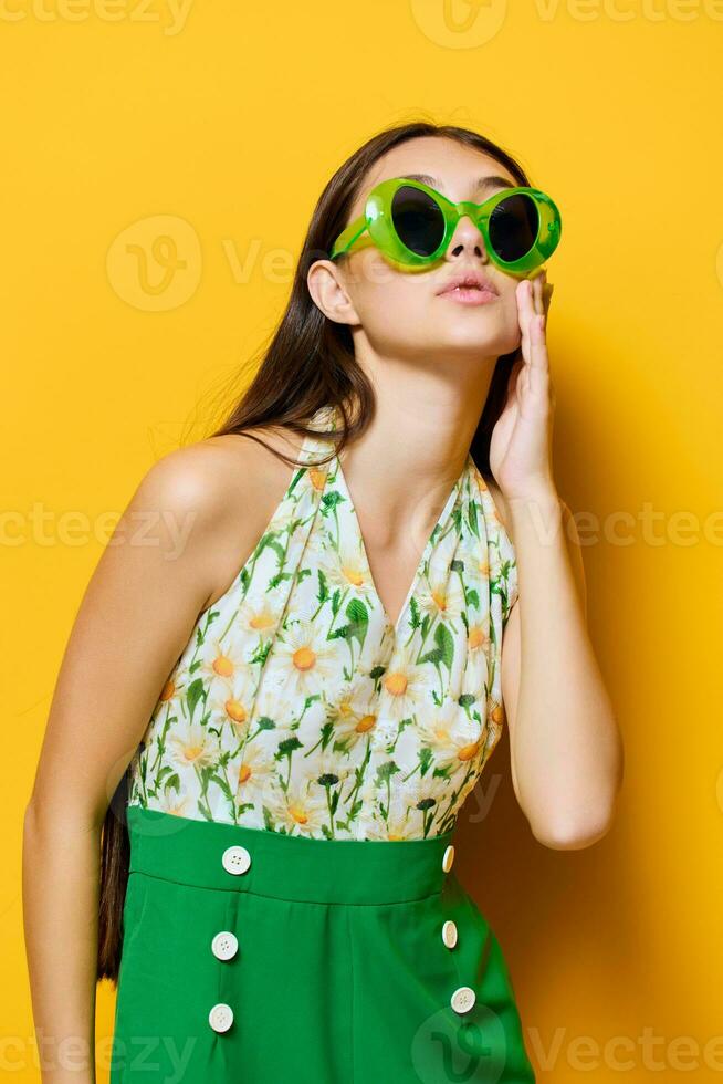 happy woman young style stylish emotion yellow beautiful green fashion sunglasses photo