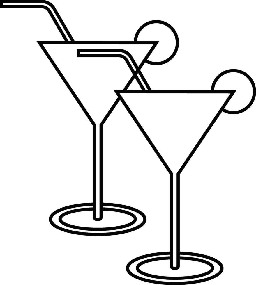 Cocktail glasses decorated with lemon slice and straw. vector