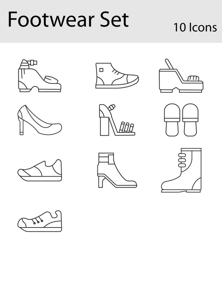 Flat Style Footwear Icon Set In Black Line Art. vector