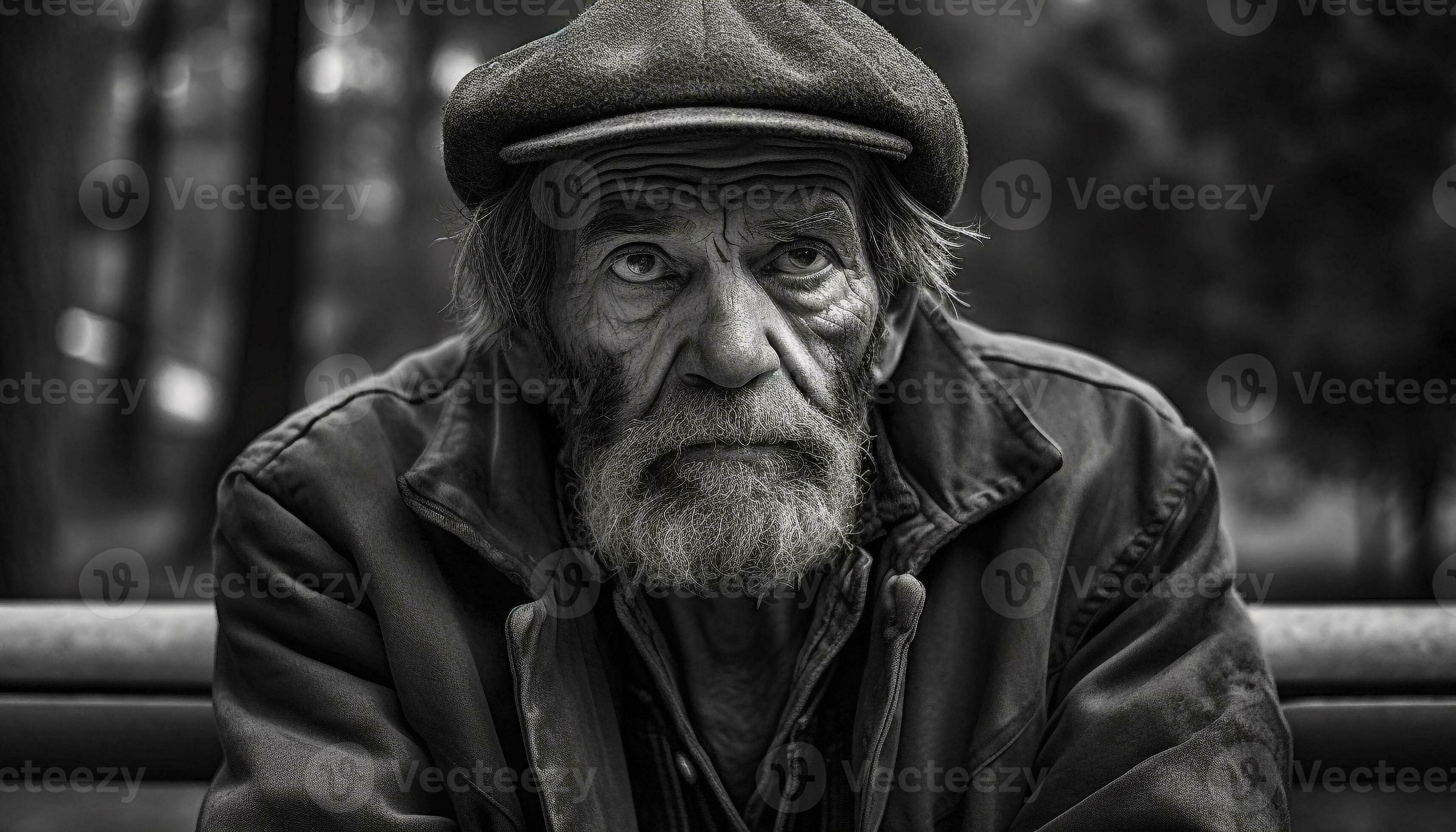 Old man with gray hair and beard sitting outdoors, looking sad