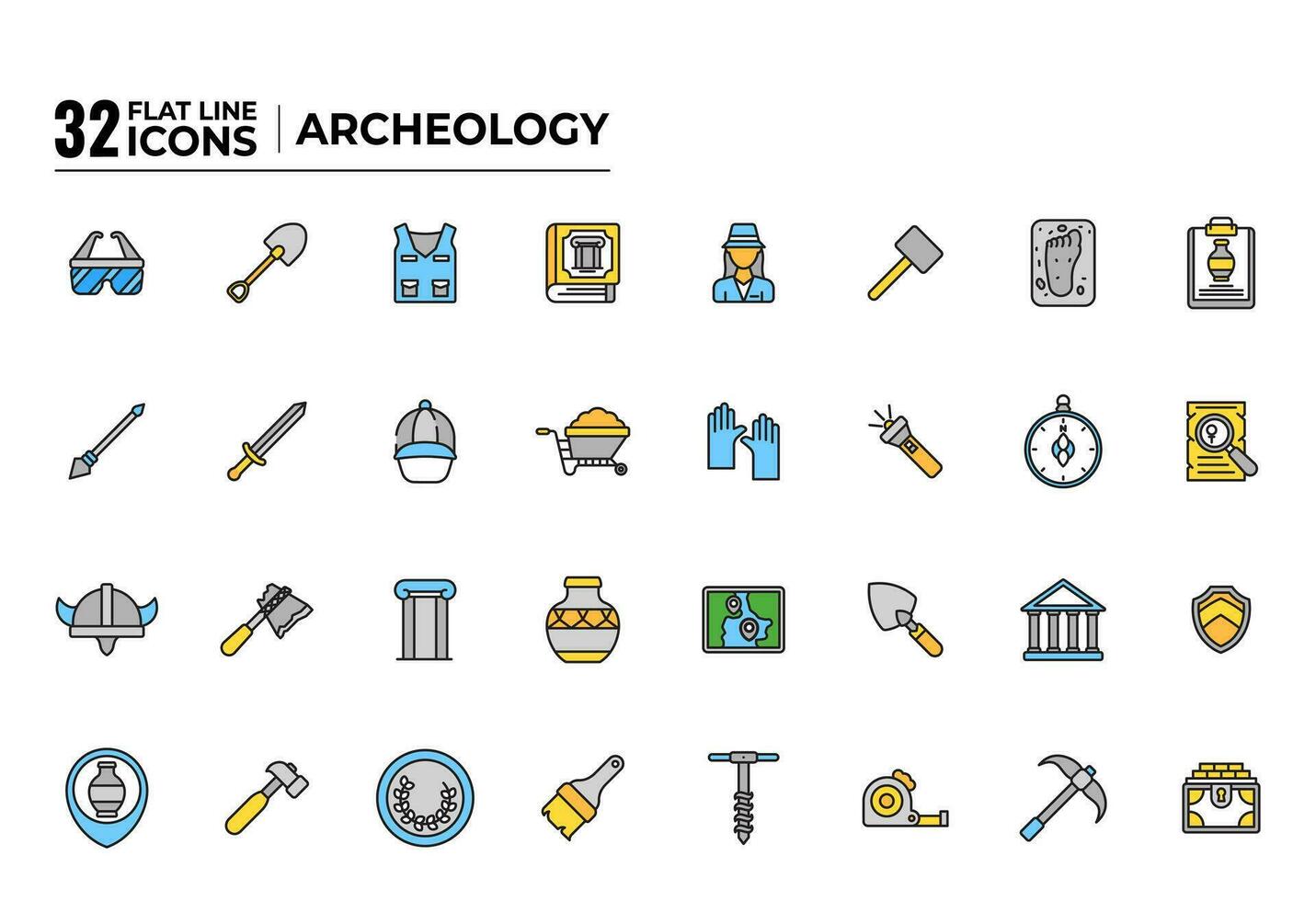 32 vistoso arqueología icono conjunto en blanco antecedentes. vector