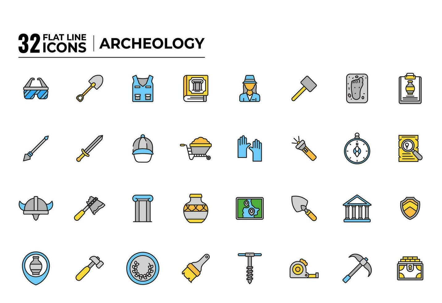 32 Colorful Archeology Icon Set on White Background. vector