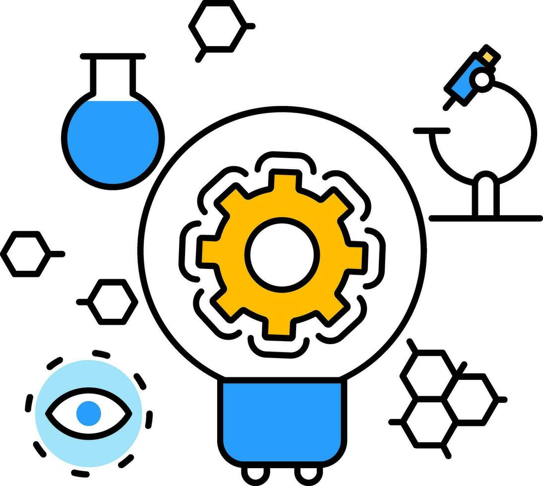 Science developed or research center experiment of biometric eye, cells, electricity, chemical beaker and microscope. vector