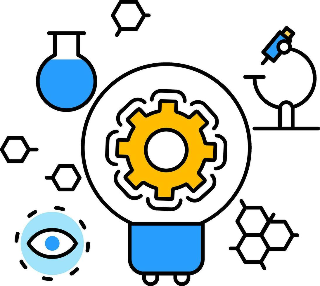 Ciencias desarrollado o investigación centrar experimentar de biométrico ojo, células, electricidad, químico cubilete y microscopio. vector