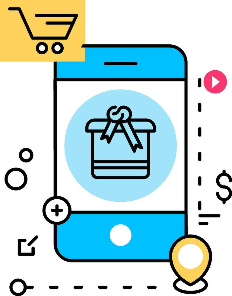 Illustration of Online shopping gift shop with location point and payment facilities in smartphone icon. vector