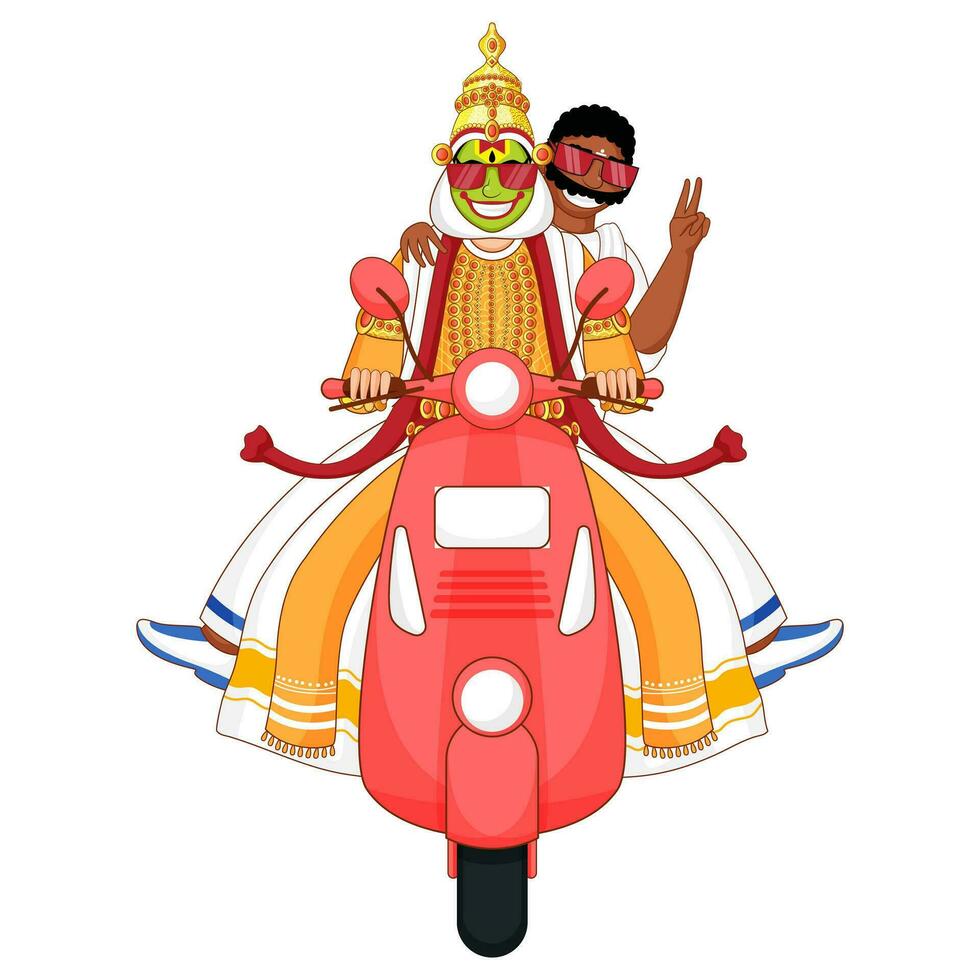 Cheerful Kathakali Dancer and South Indian Man Riding Together on Scooter. vector