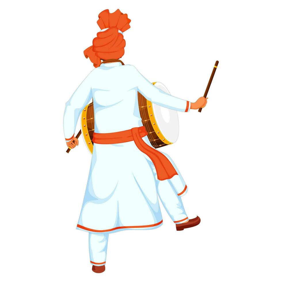 Back View of Indian Man Playing Dhol with Drumstick in Dancing Pose. vector