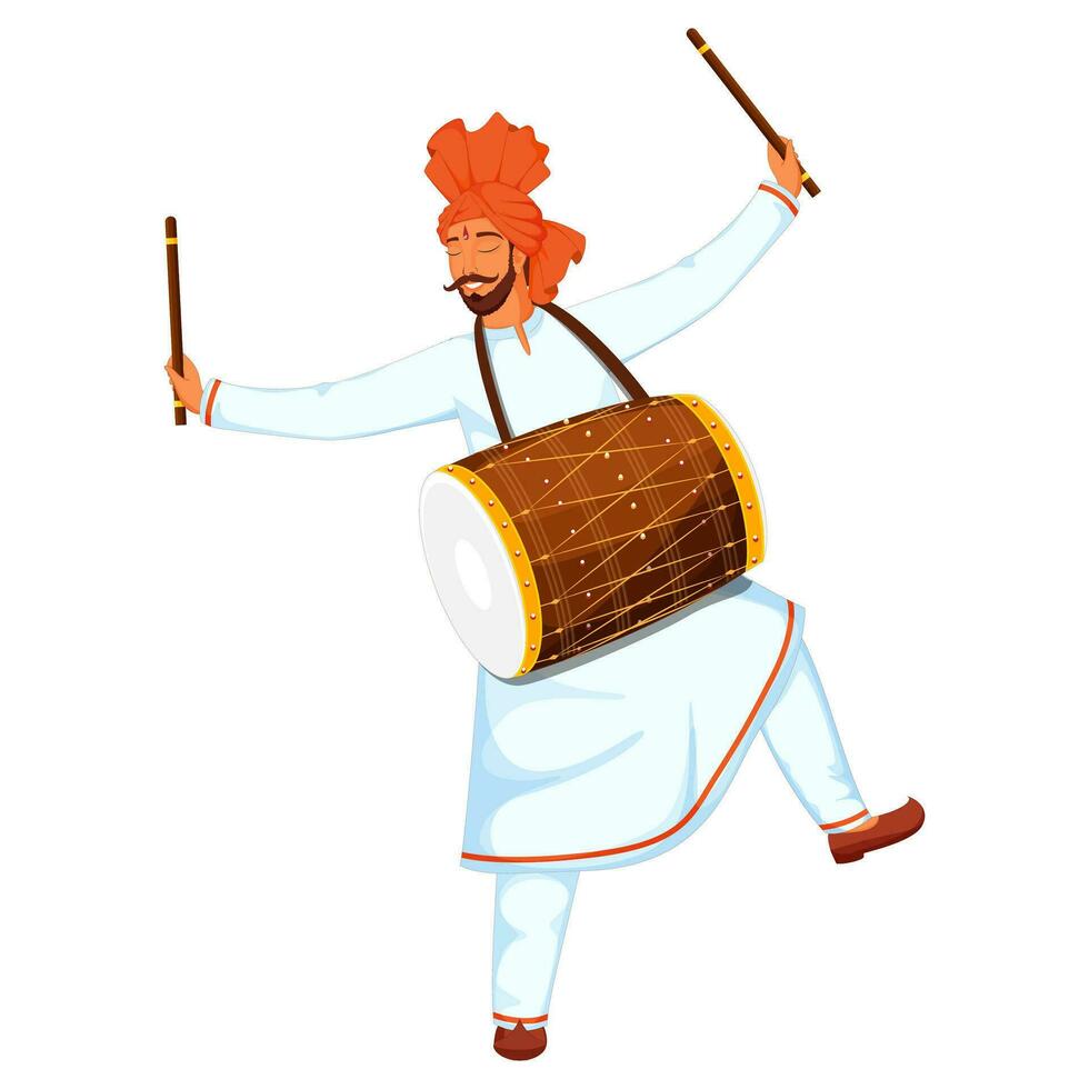 Illustration of Indian Man Playing Dhol with Drumstick in Dancing Pose. vector