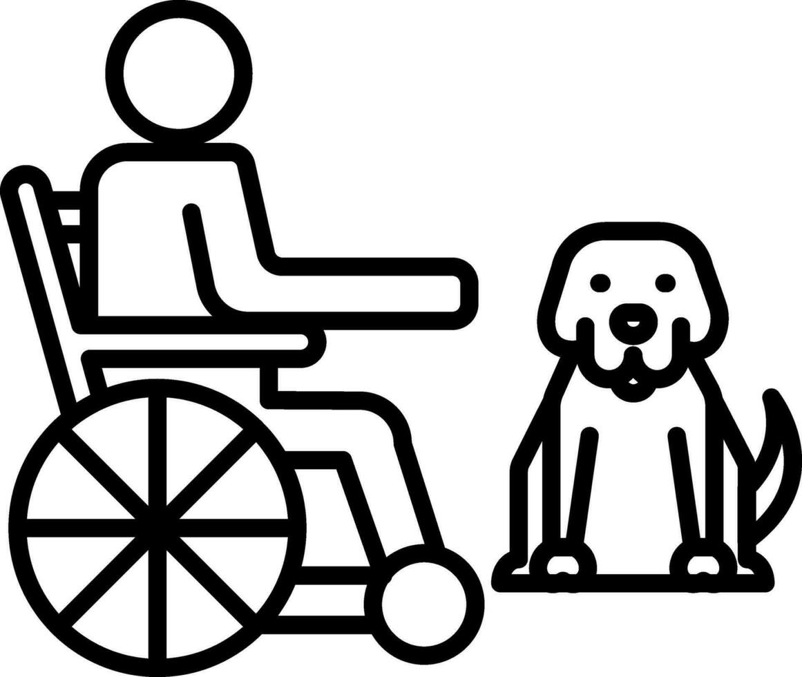 Wheelchair disabled man with near sitting dog icon in thin line art. vector
