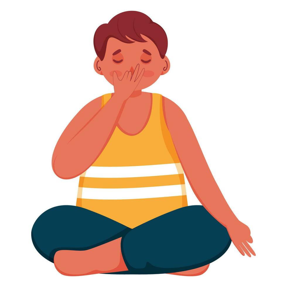 Cartoon Boy Doing Alternate Nostril Breathing Yoga in Sit Pose. vector