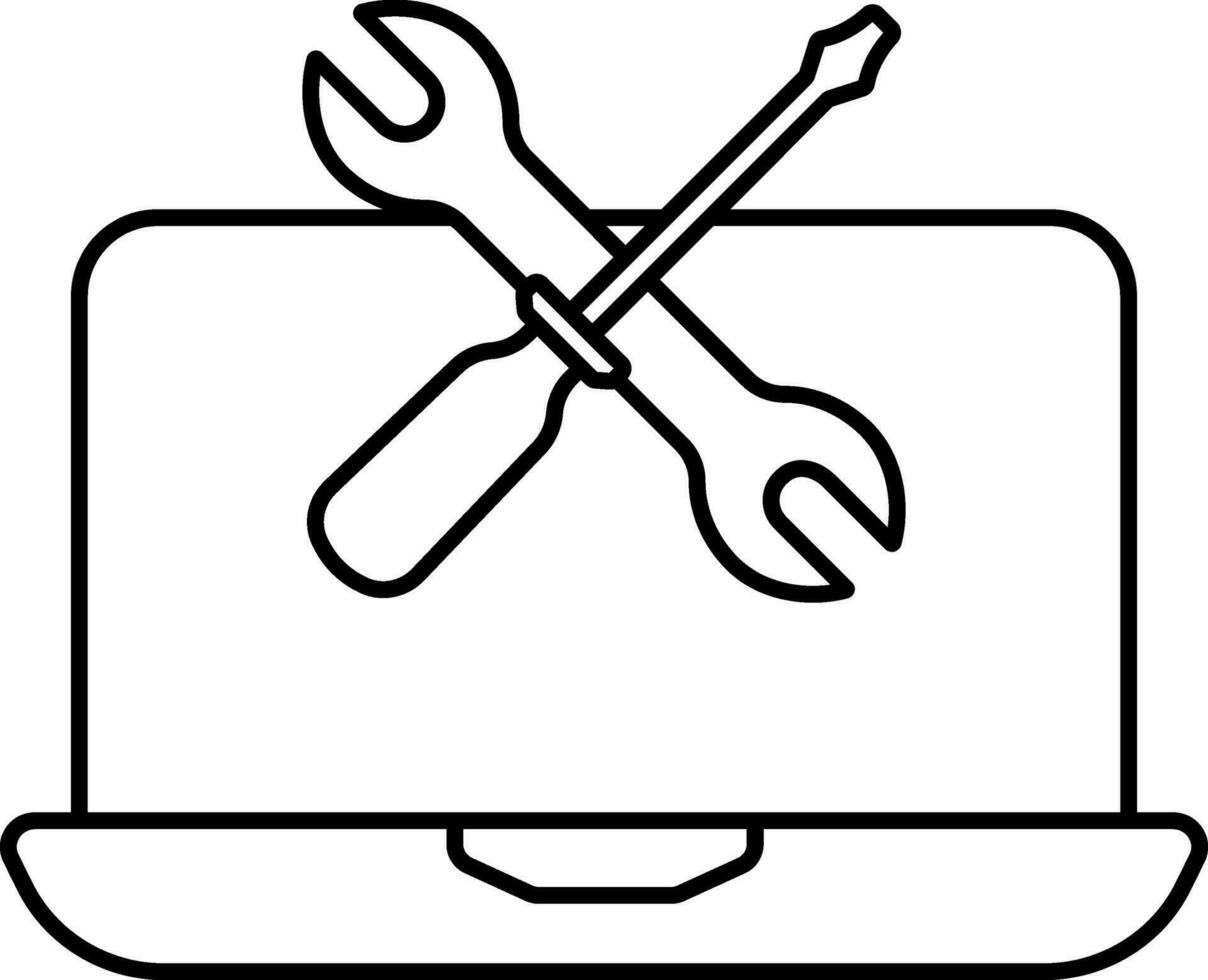 Laptop Repairing Or Servicing Icon in Black Line Art. vector