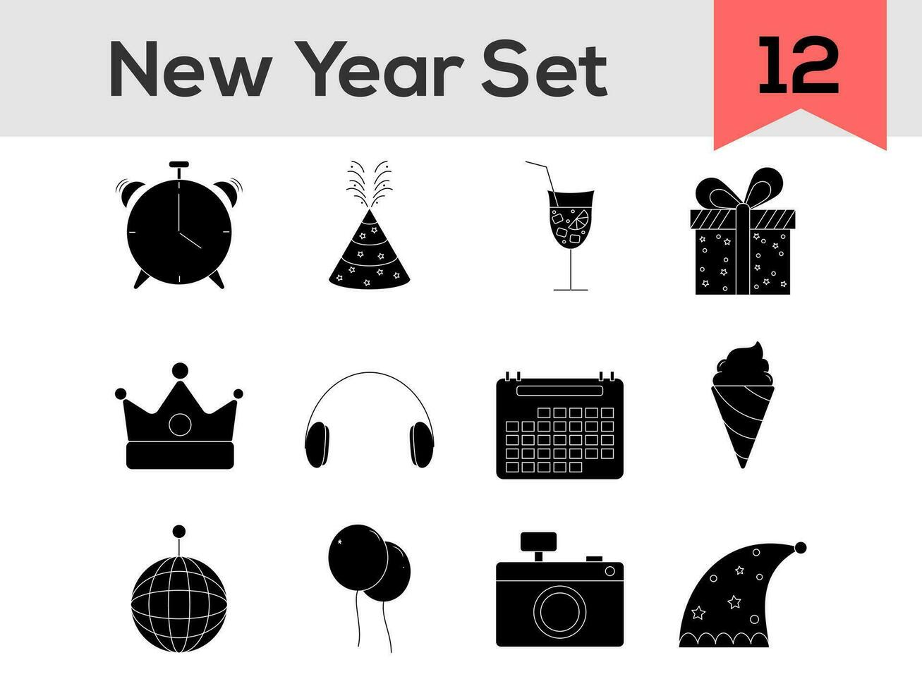 Glyph Illustration Of New Year Icon Set On White Background. vector