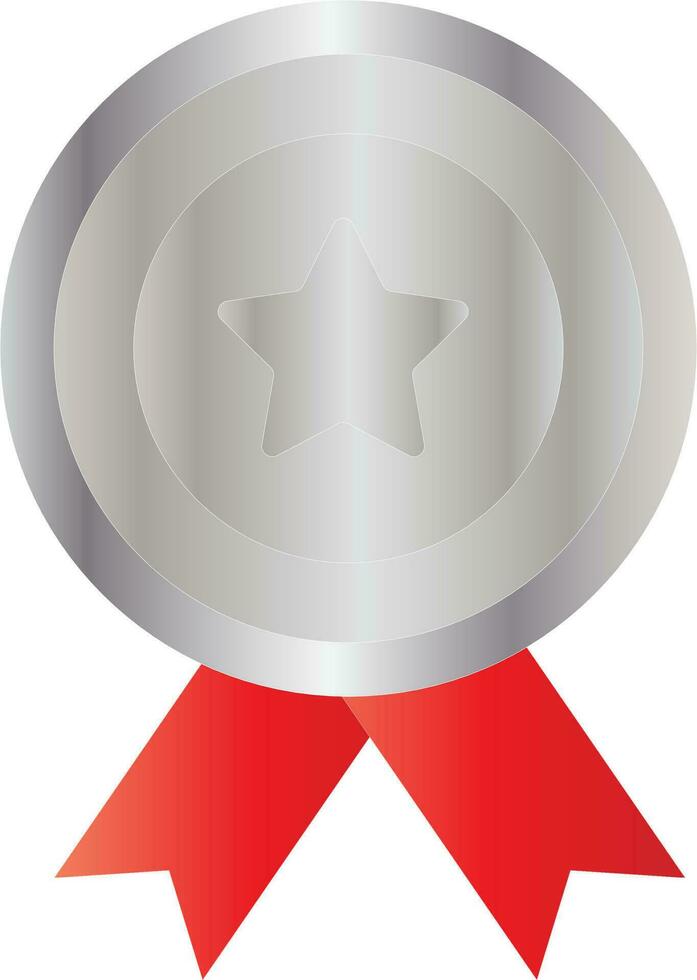 Star Round Silver Medal With Red Ribbon Icon In Flat Style. vector