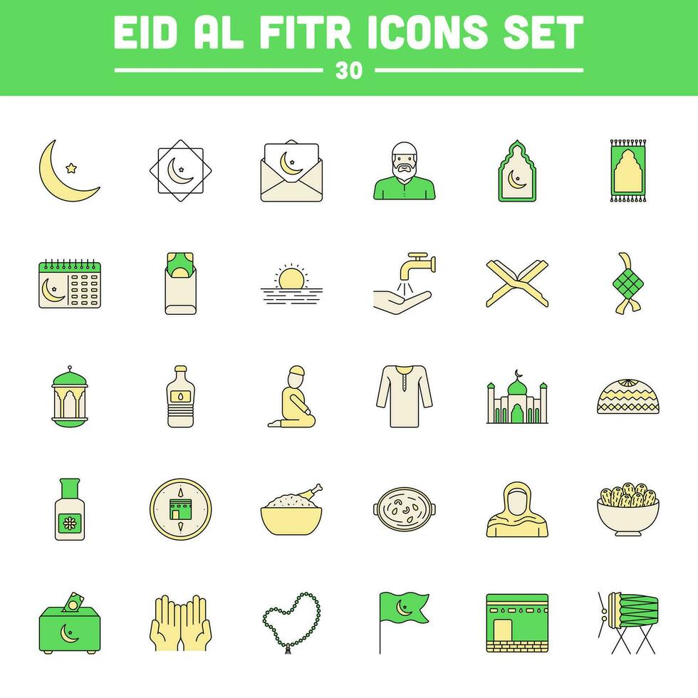 Flat Style Eid Al Fitr Muslim Celebration 30 Icon Set In Yellow And Green Color. vector