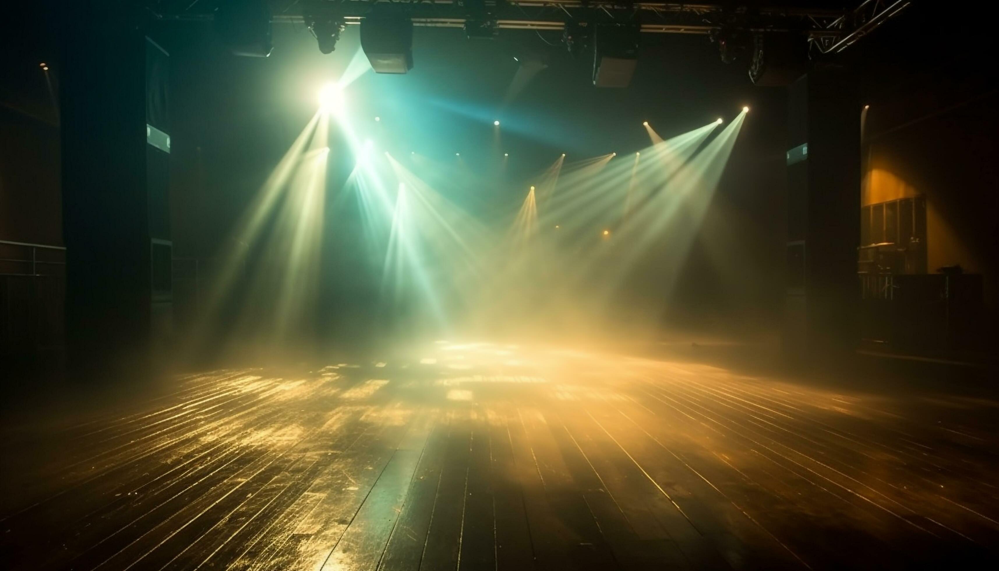 Nightclub stage illuminated with bright spotlights and abstract