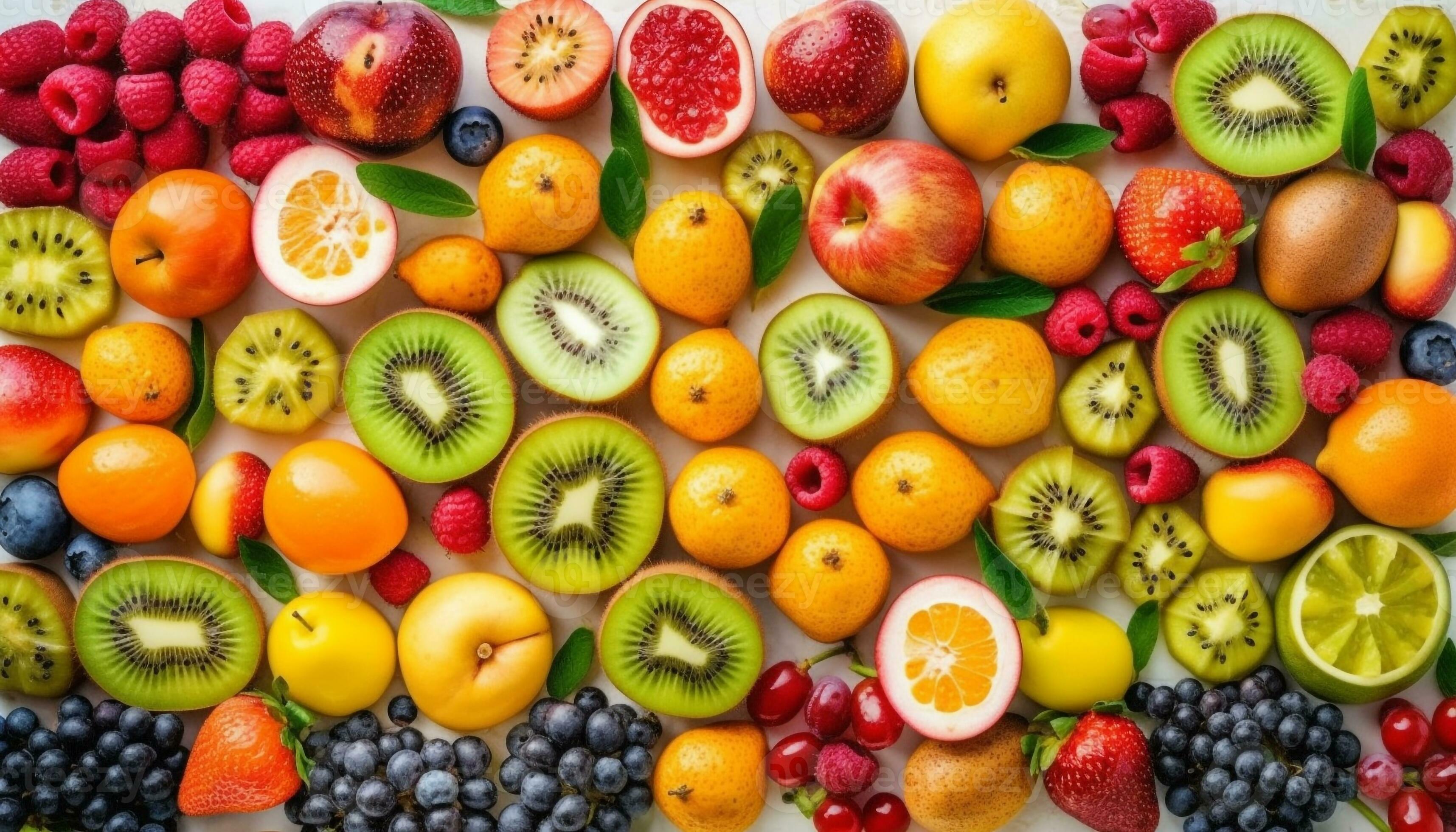 Abundance of vibrant, multi colored fruit in healthy summer snack