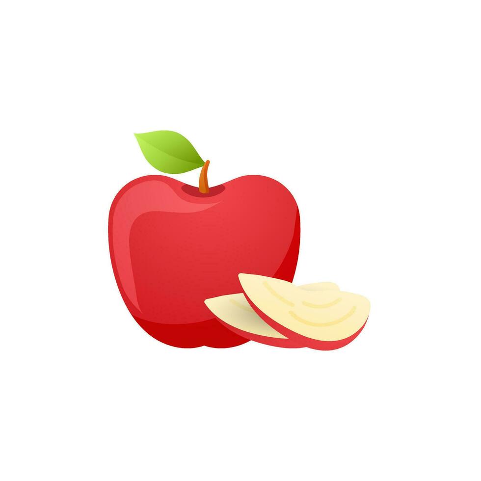 Glossy red apple and green leaf with slices. vector