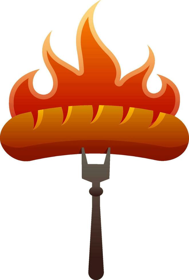 Shiny hot sausage with fork. vector