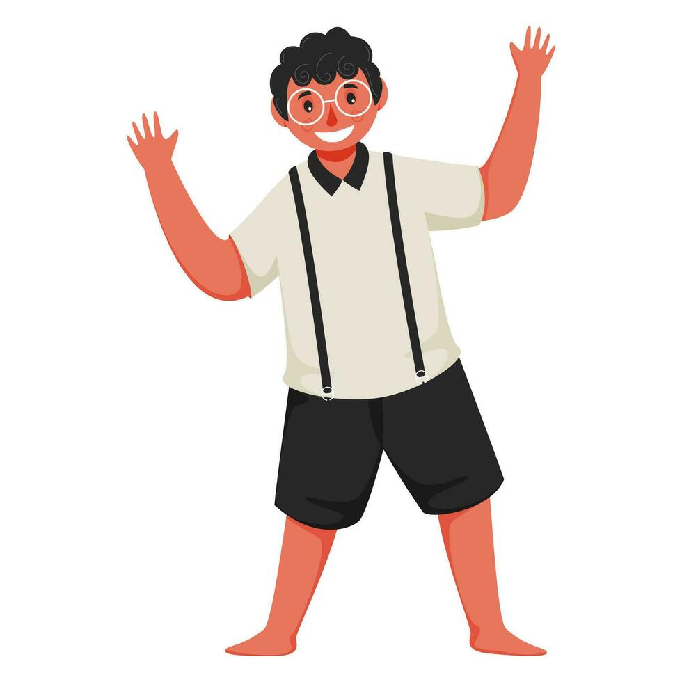 Cheerful Student Boy Raising His Hands on White Background. vector