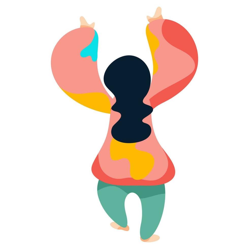 Back View of Girl Wearing Clothes with Color Splatter in Dancing and Enjoying Pose. vector