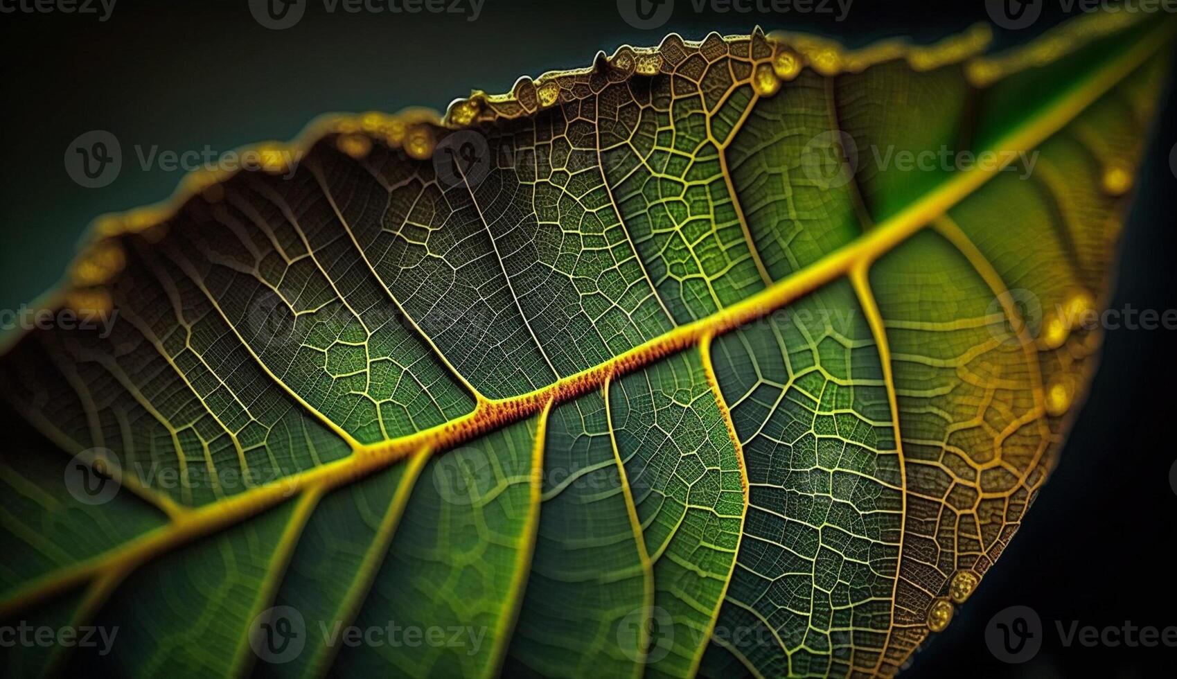 Vibrant leaf vein contrasts against black water backdrop generated by AI photo