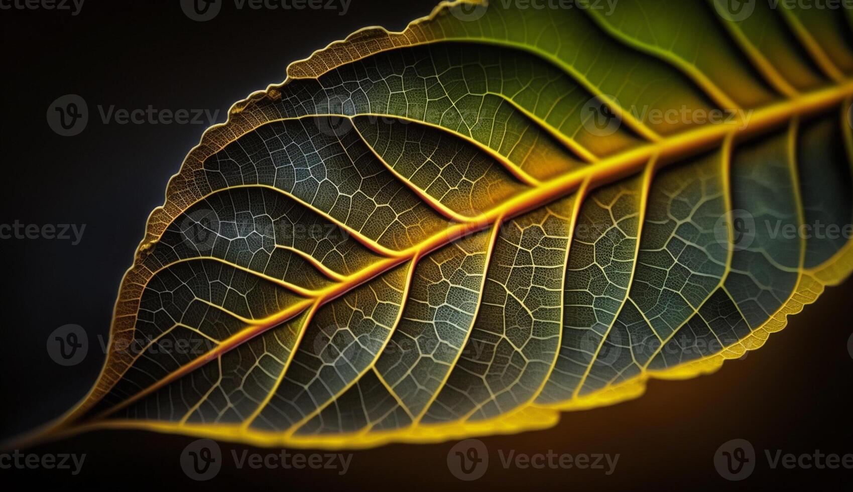 Vibrant yellow leaf vein on dark backdrop generated by AI photo