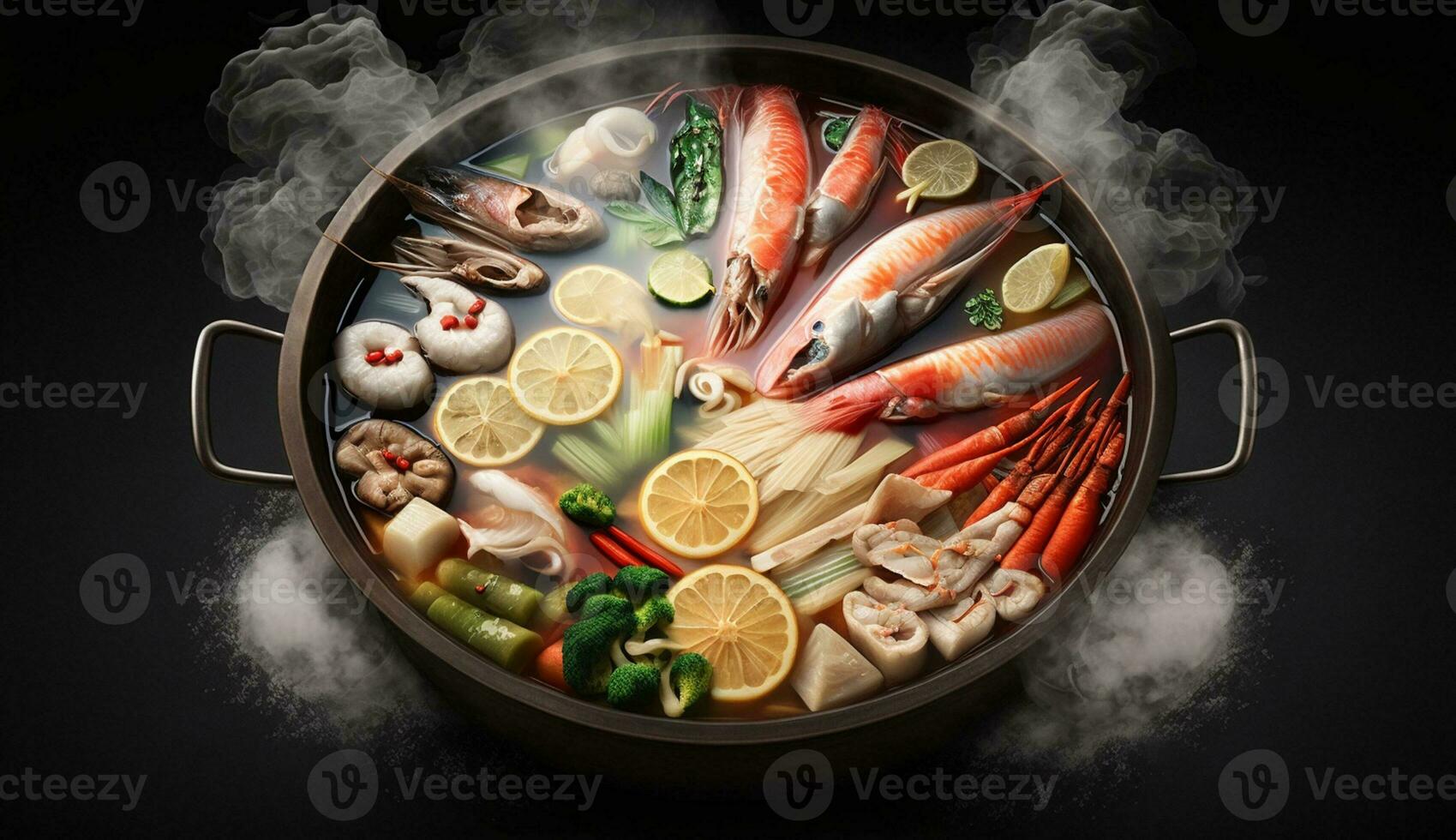 Seafood grilling fresh fish, prawns, lemon, and smoke ,generative AI photo