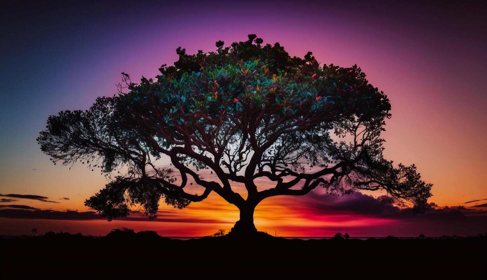 Silhouette tree against multi colored dusk sky horizon generated by AI photo