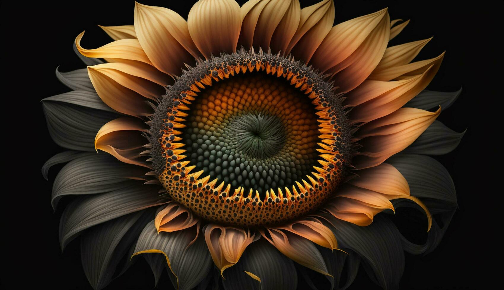 Sunflower petal on black backdrop shining bright generated by AI photo