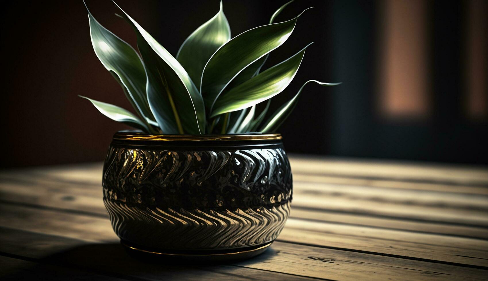 Green plant in wooden vase on table indoors generated by AI photo