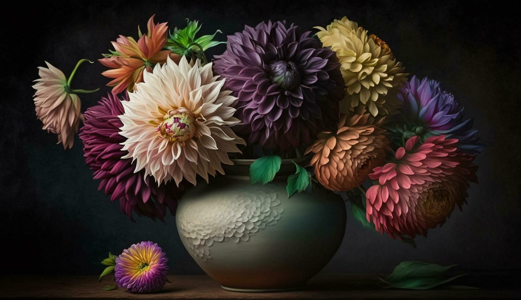 Vase of multi colored flowers on wood table generated by AI photo