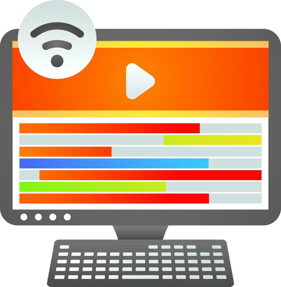 en línea vídeo jugar computadora con conectado Wifi icono en plano estilo. vector
