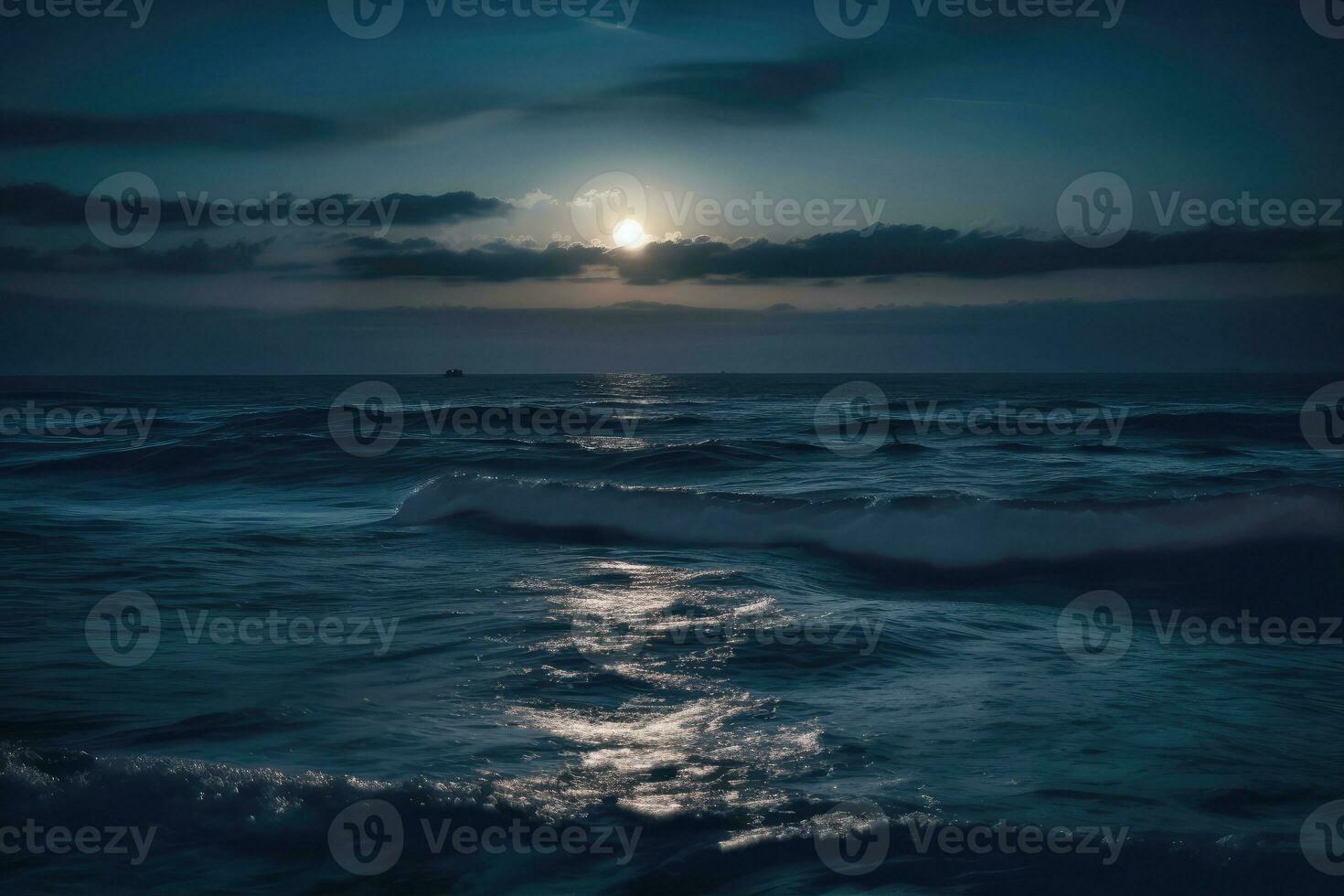 Moon over the sea at night close-up with moonlight path in the style of moonlight photo