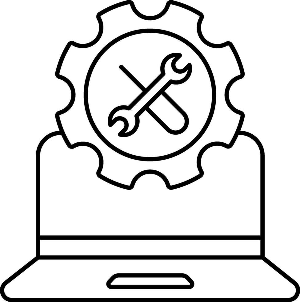 línea Arte ilustración de ordenador portátil reparando icono. vector