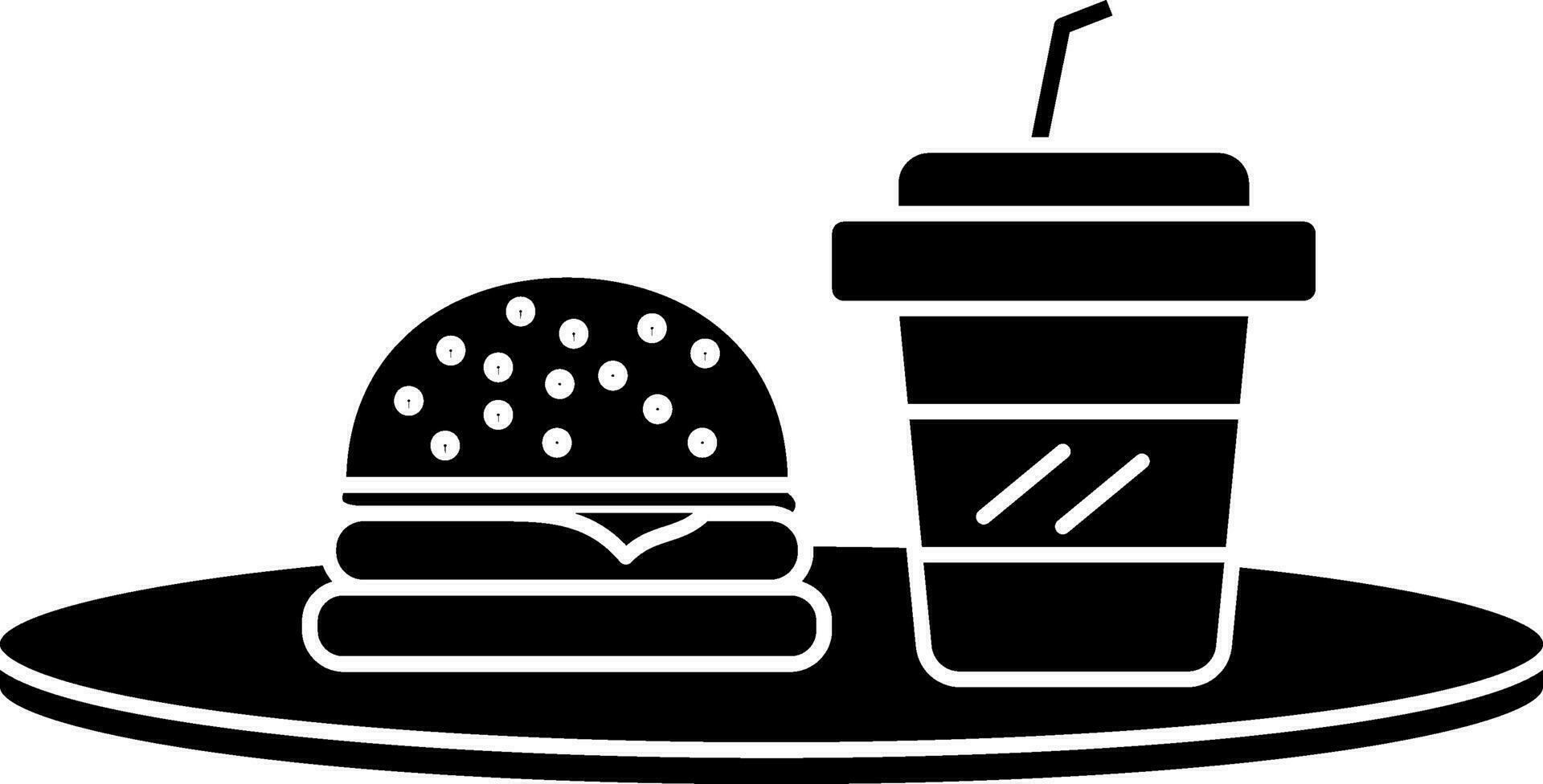 black and white Burger And Disposable Cup On Plate Icon. vector