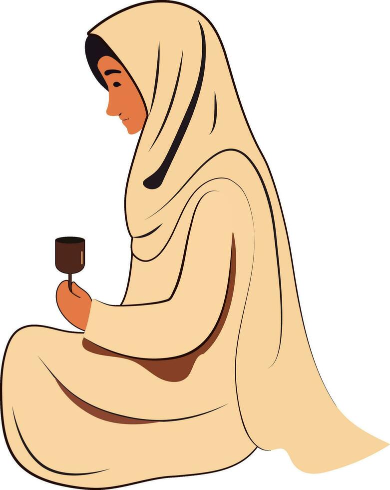Illustration of Young Muslim Character Holding Drink Glass In Sitting Pose. vector