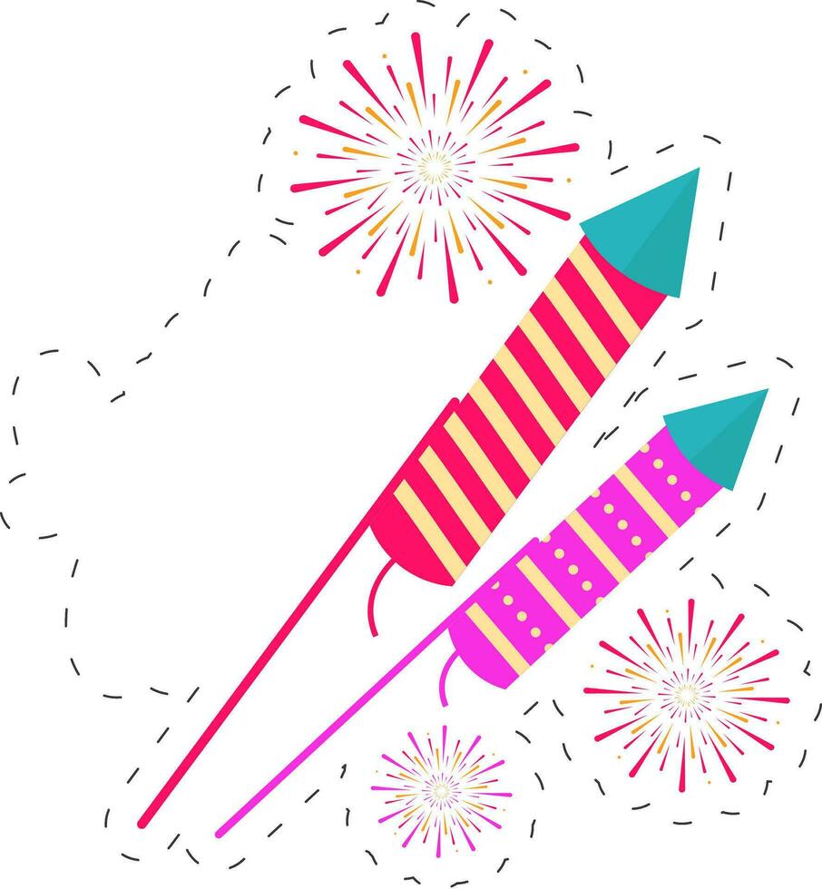Sticker Style Firecracker Rocket With Fireworks Light Purple Background. vector