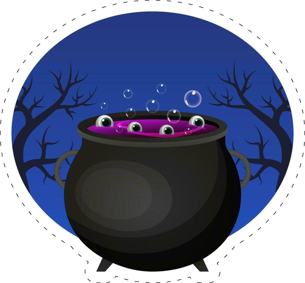 Smoky Creepy Text Happy Halloween With Eye Boiling Cauldron Against Night Forest Blue Background. vector