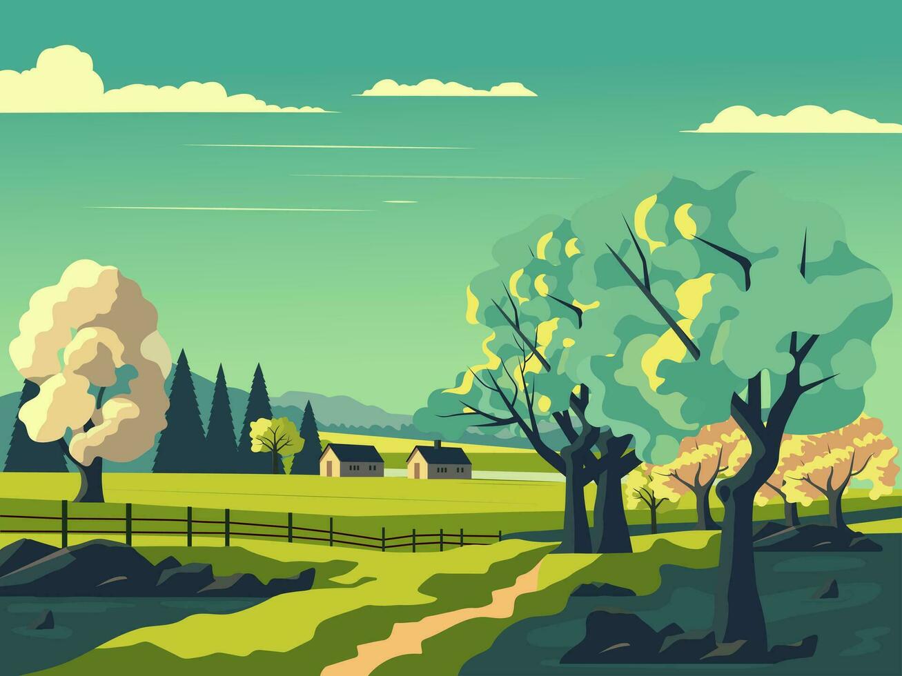 Nature Landscape Background With Trees, Pathway And Cottage Illustration. Vector. vector