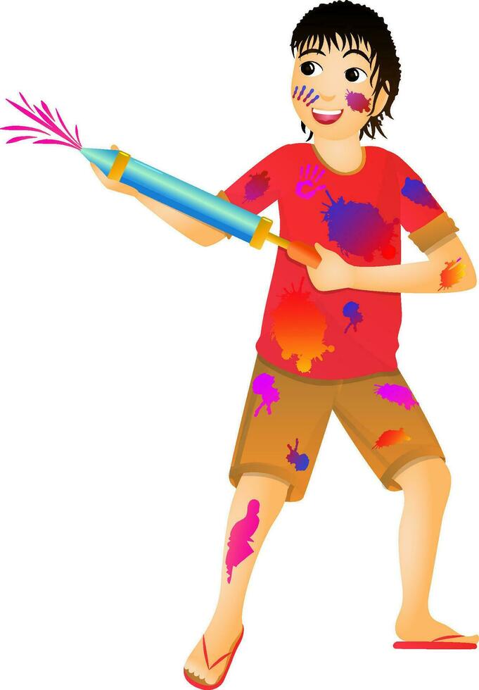 Cheerful boy character playing with water gun on the occasion of Holi. vector