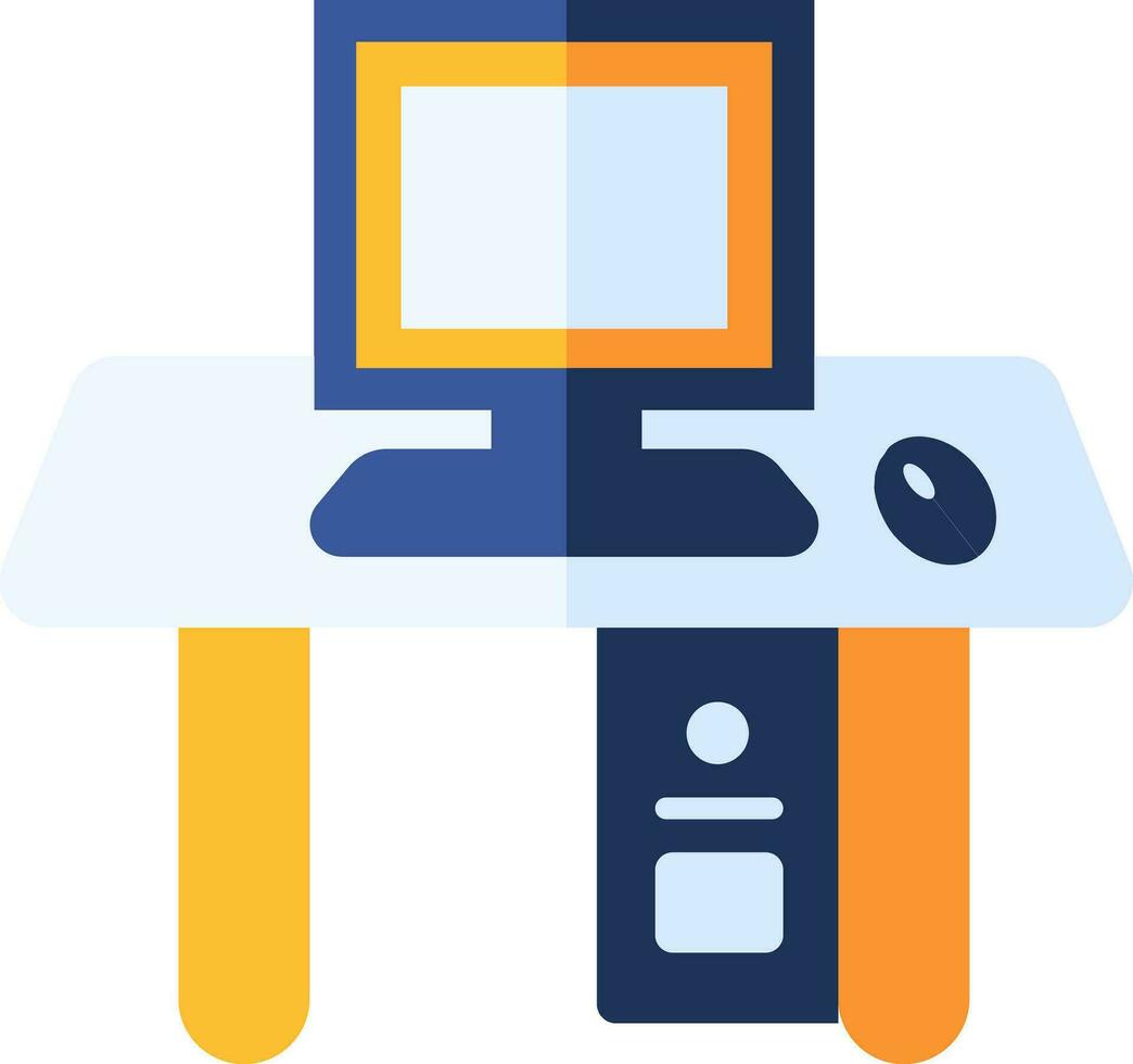 Computer with Mouse on Desk and Cpu Icon in Blue and Orange Color. vector