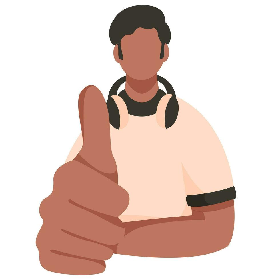 Faceless young boy showing thumb up with headphone. vector